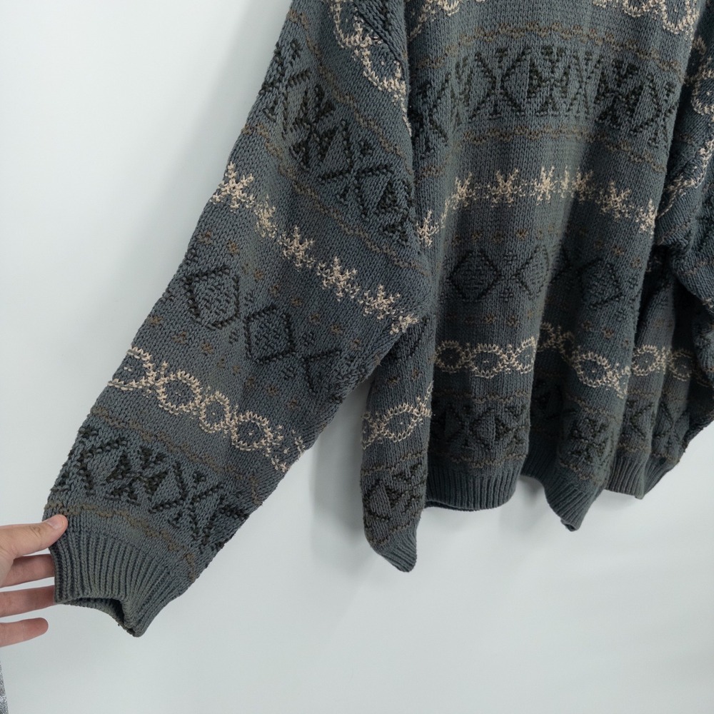 Vintage Eddie Bauer Knit Sweater Mens Large 90s Oversized Fair Isle Grandpa Gray - Picture 2 of 10
